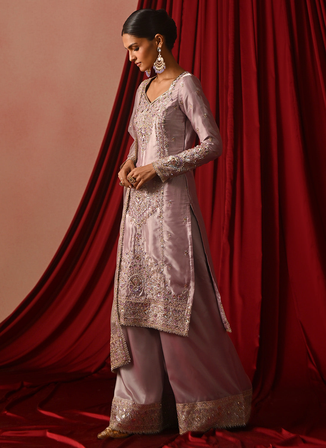 Lavender Embroidered Silk Palazzo Suit