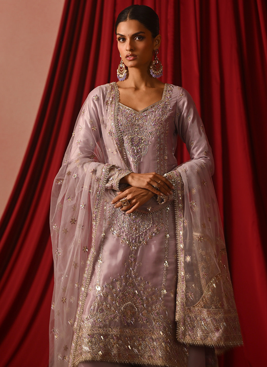 Lavender Embroidered Silk Palazzo Suit