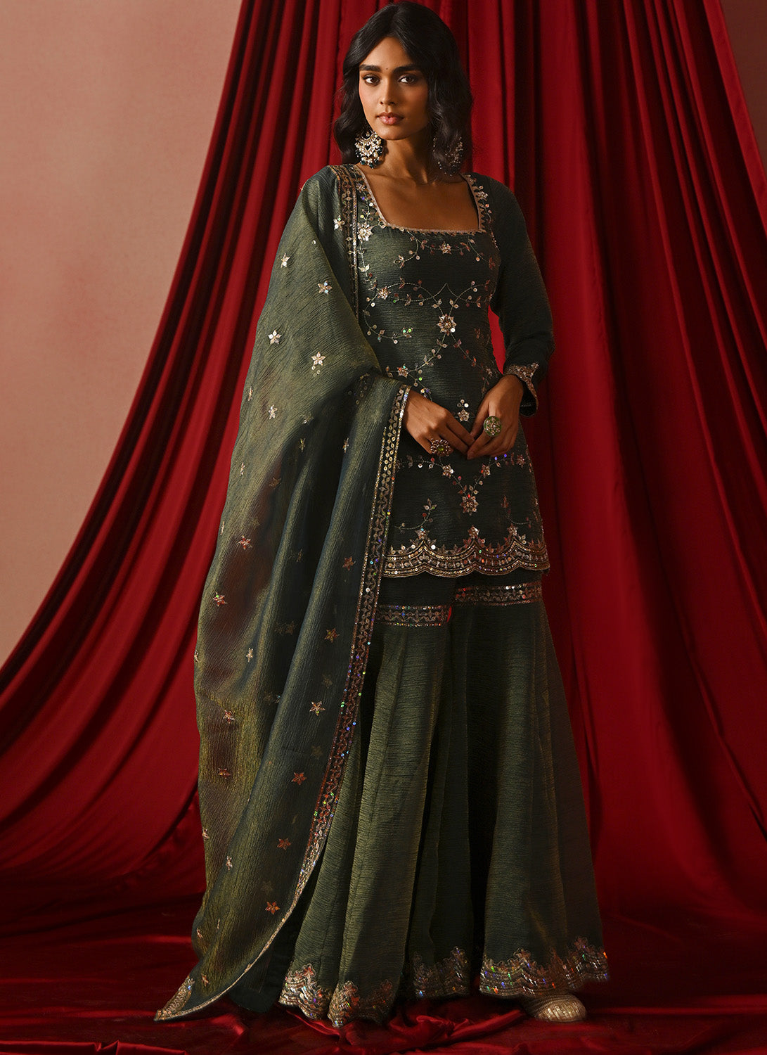 Green Embroidered Tissue Gharara