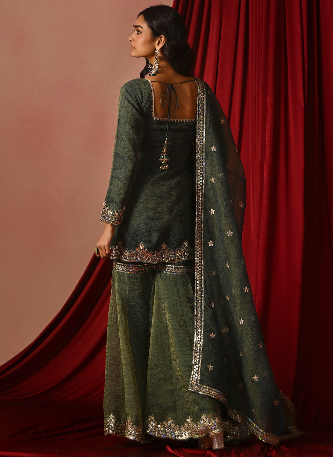 Green Embroidered Tissue Gharara