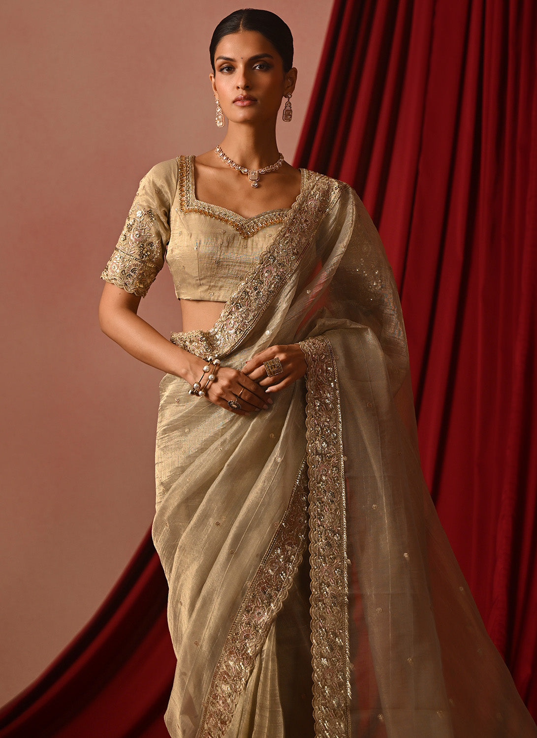 Golden Cream Embroidered Tissue Saree