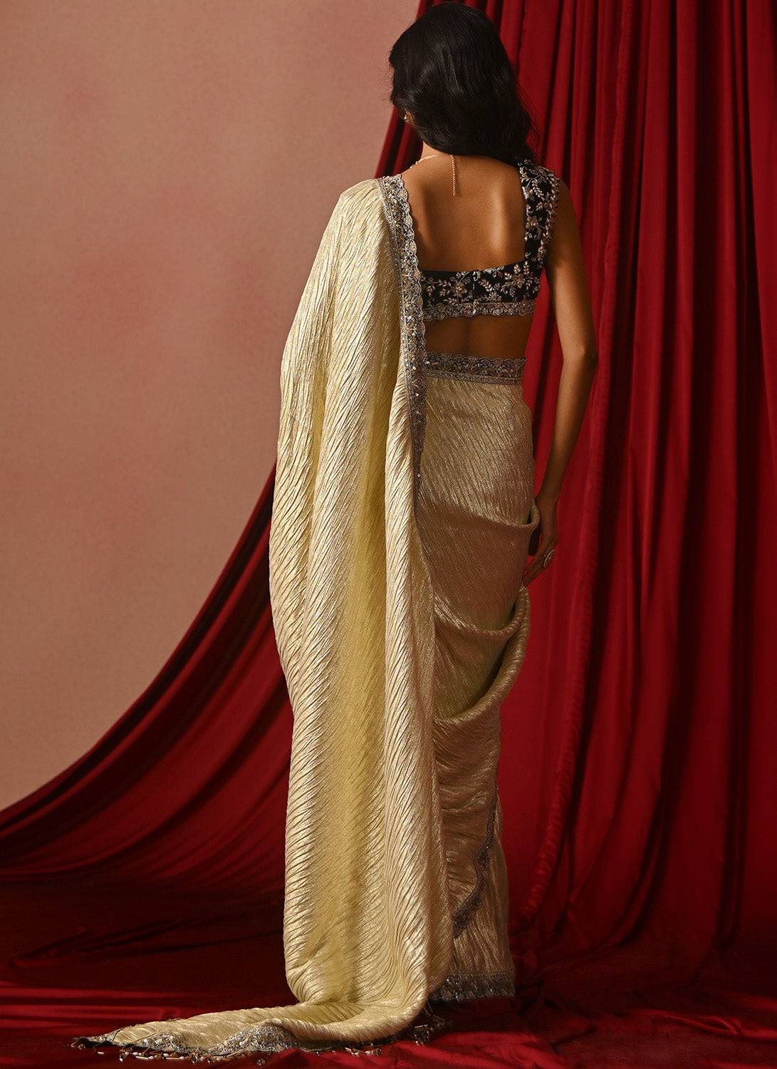 Golden Cream and Black Embroidered Brocade Saree