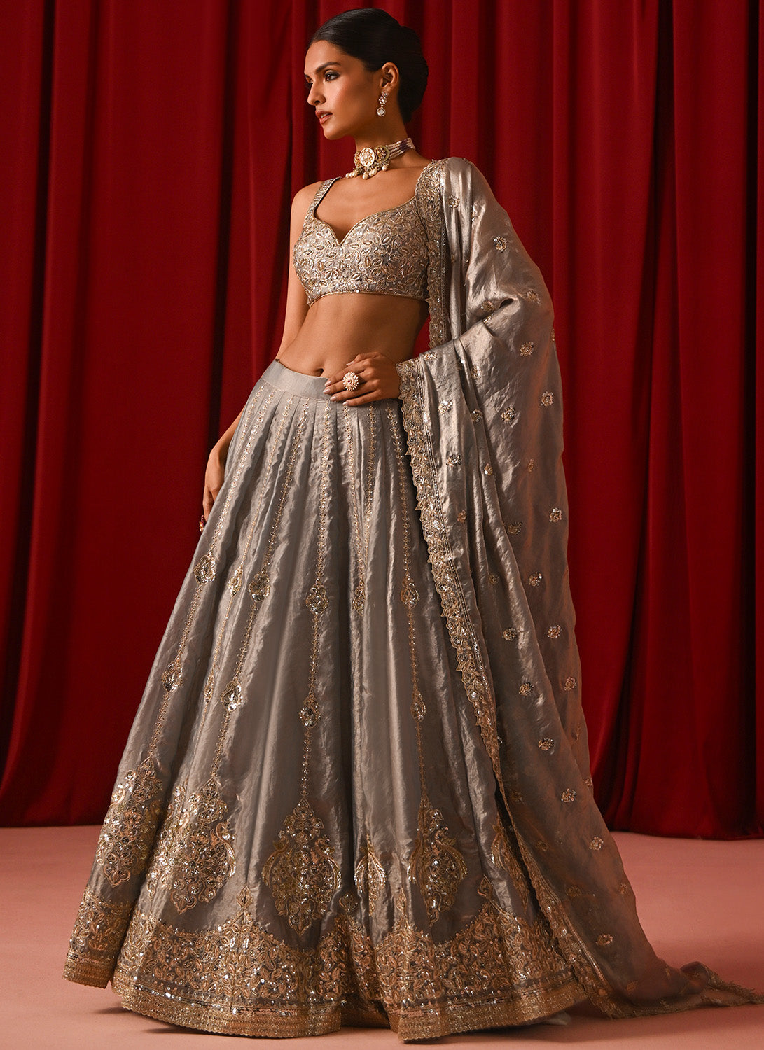 Grey Embroidered Tissue Lehenga