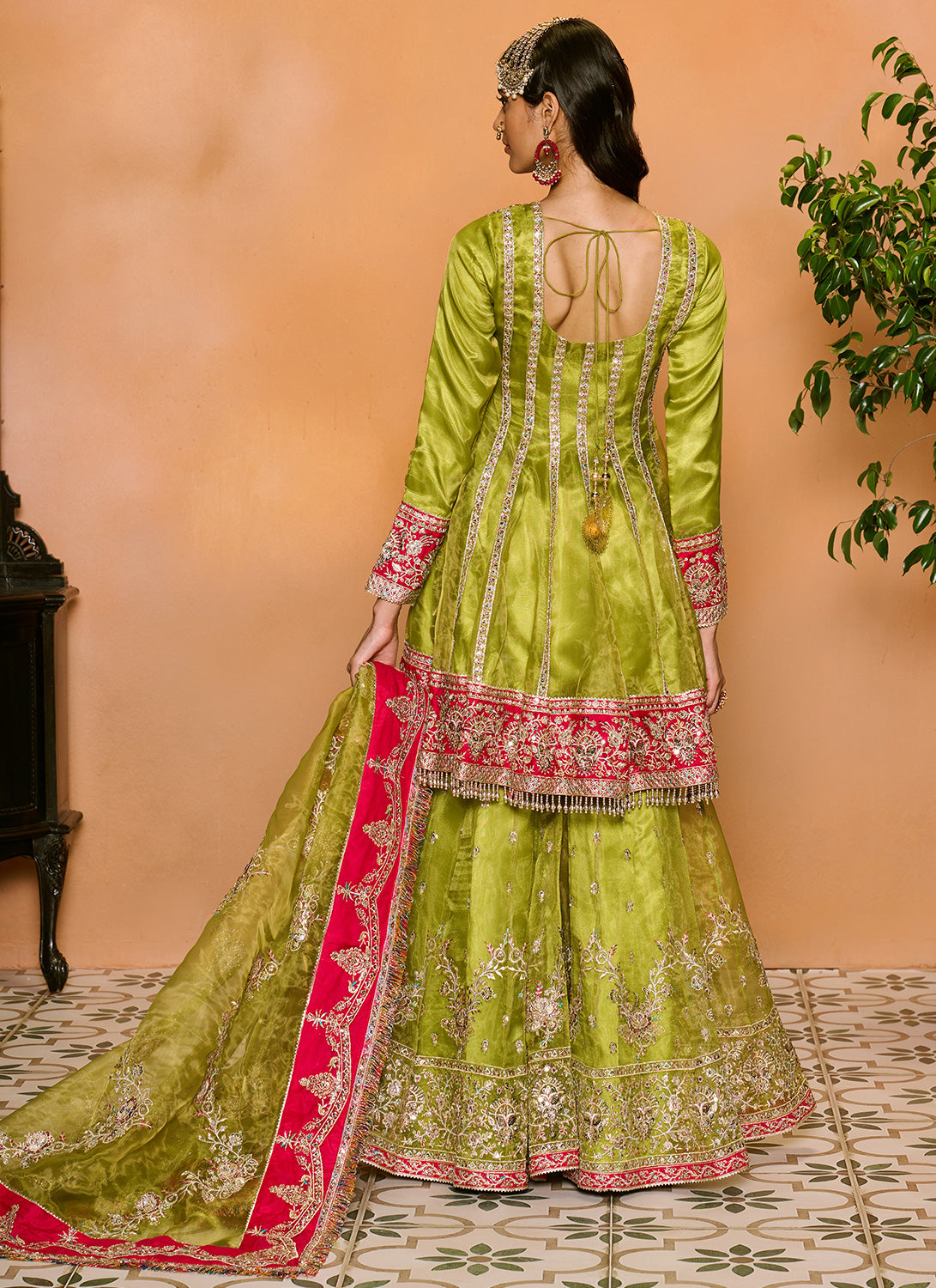 Parrot Green and Hot Pink Embroidered Gharara Suit