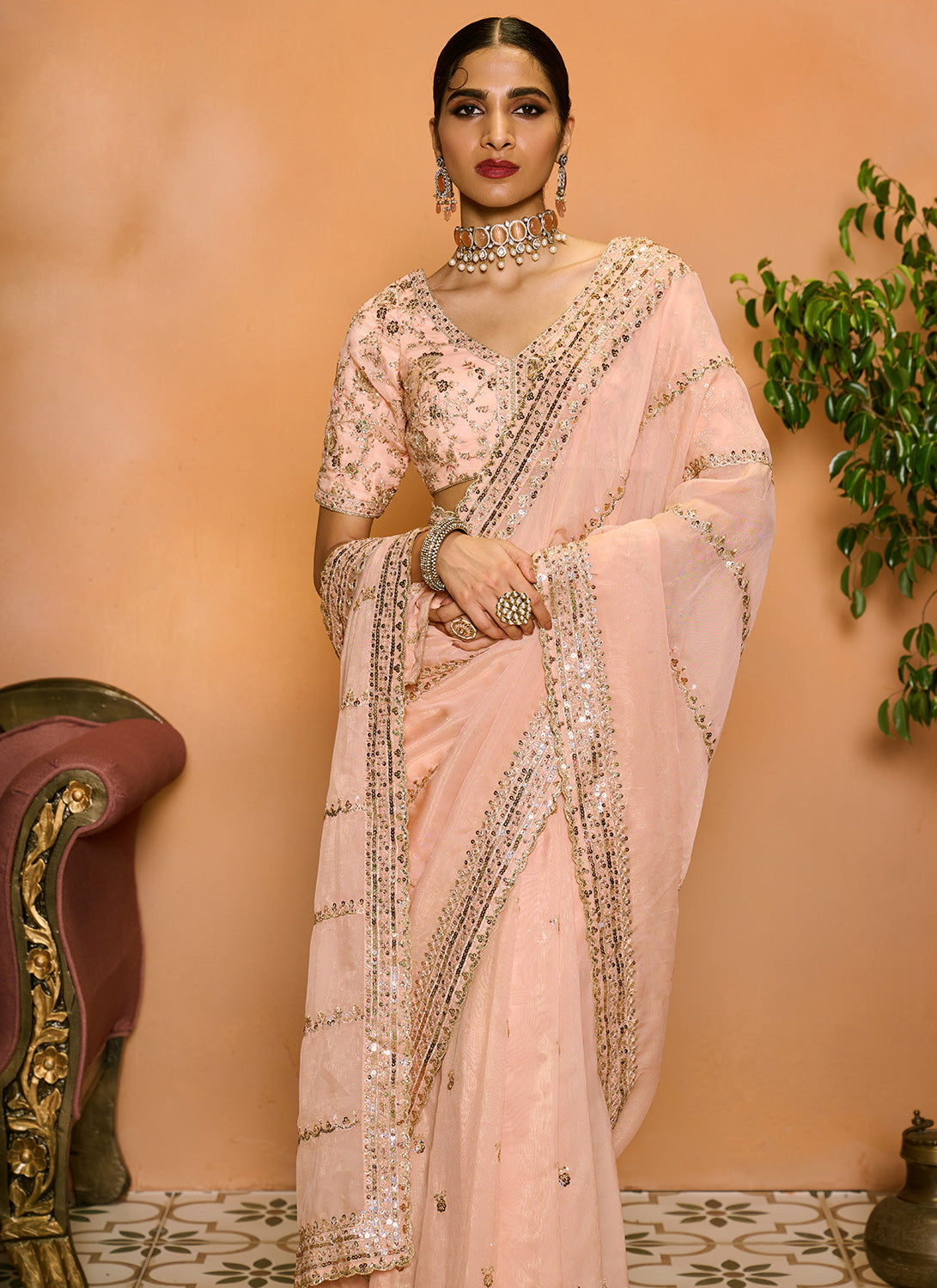 Blush Embroidered Net Saree