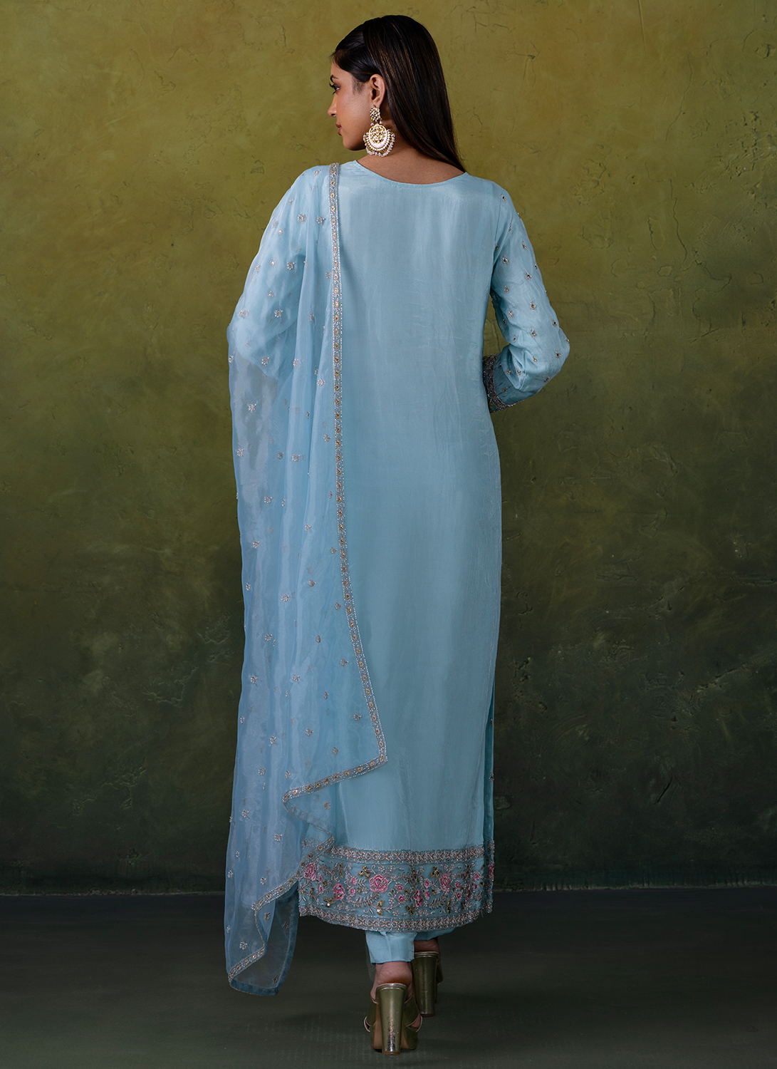 Light Blue Embroidered Organza Straight Suit