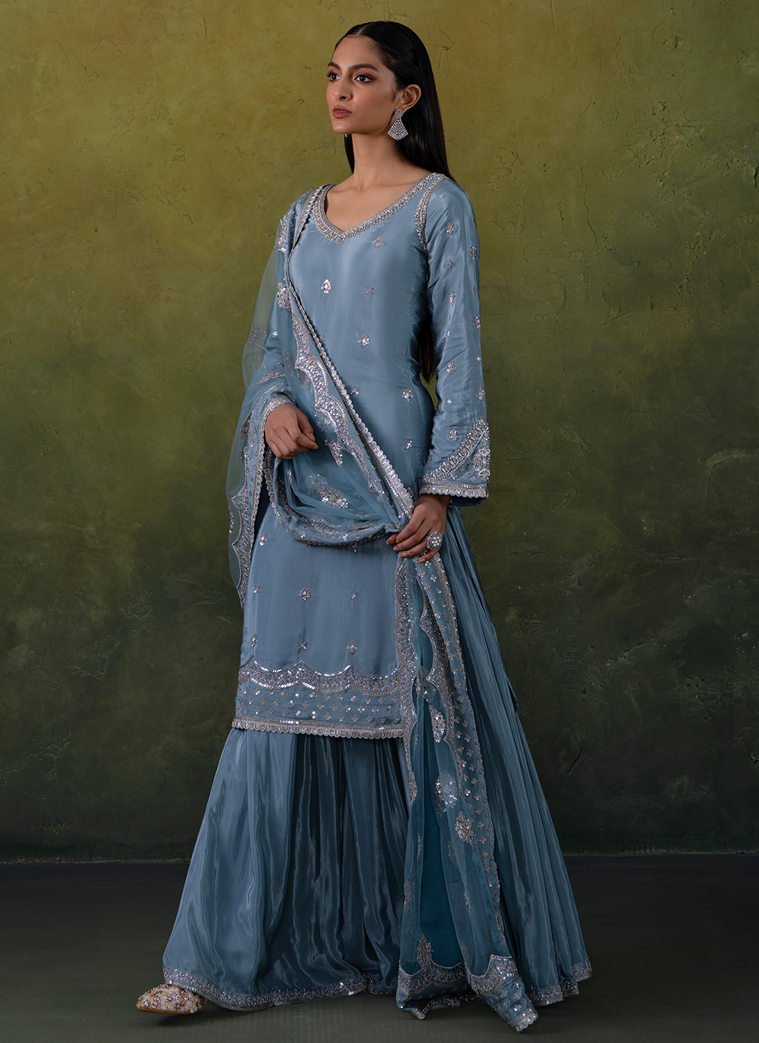 Light Blue Embroidered Crepe Sharara Suit