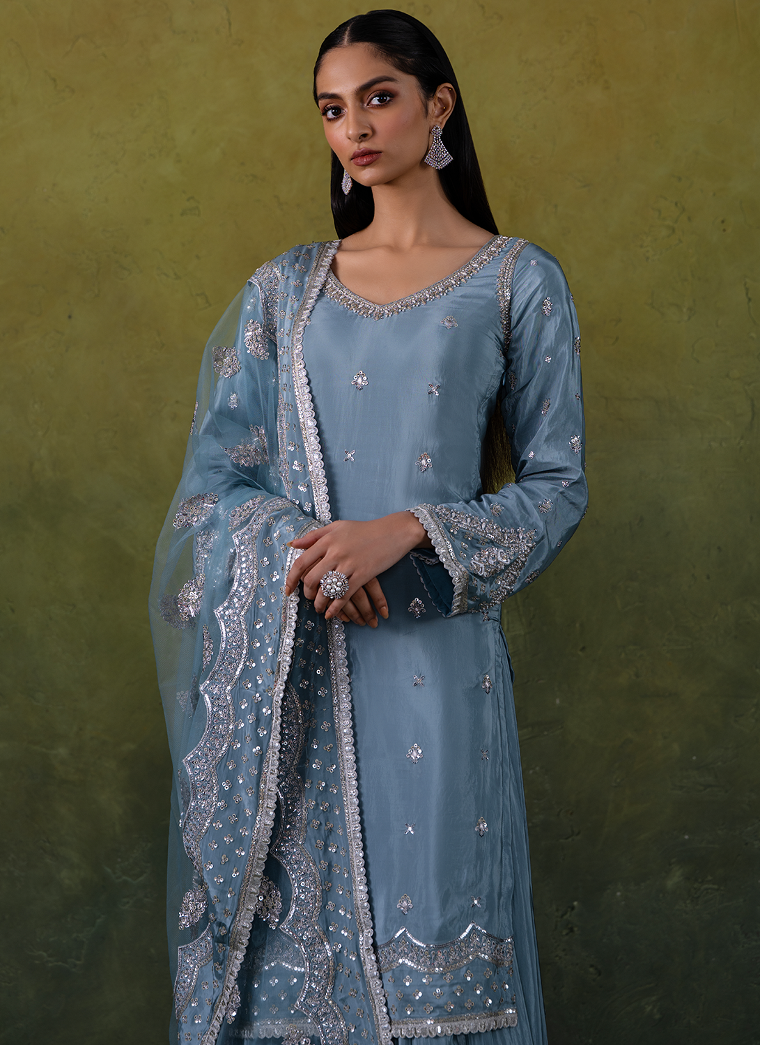 Light Blue Embroidered Crepe Sharara Suit