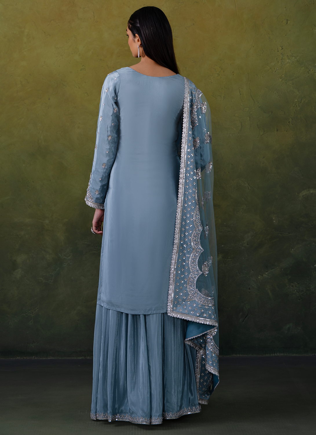Light Blue Embroidered Crepe Sharara Suit