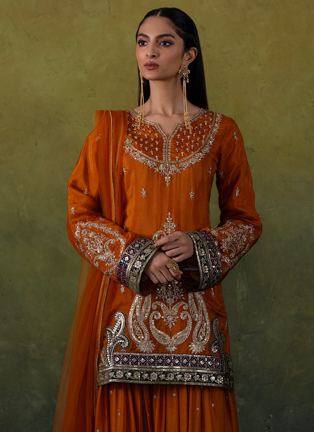 Rust Orange Embroidered Organza Sharara Suit
