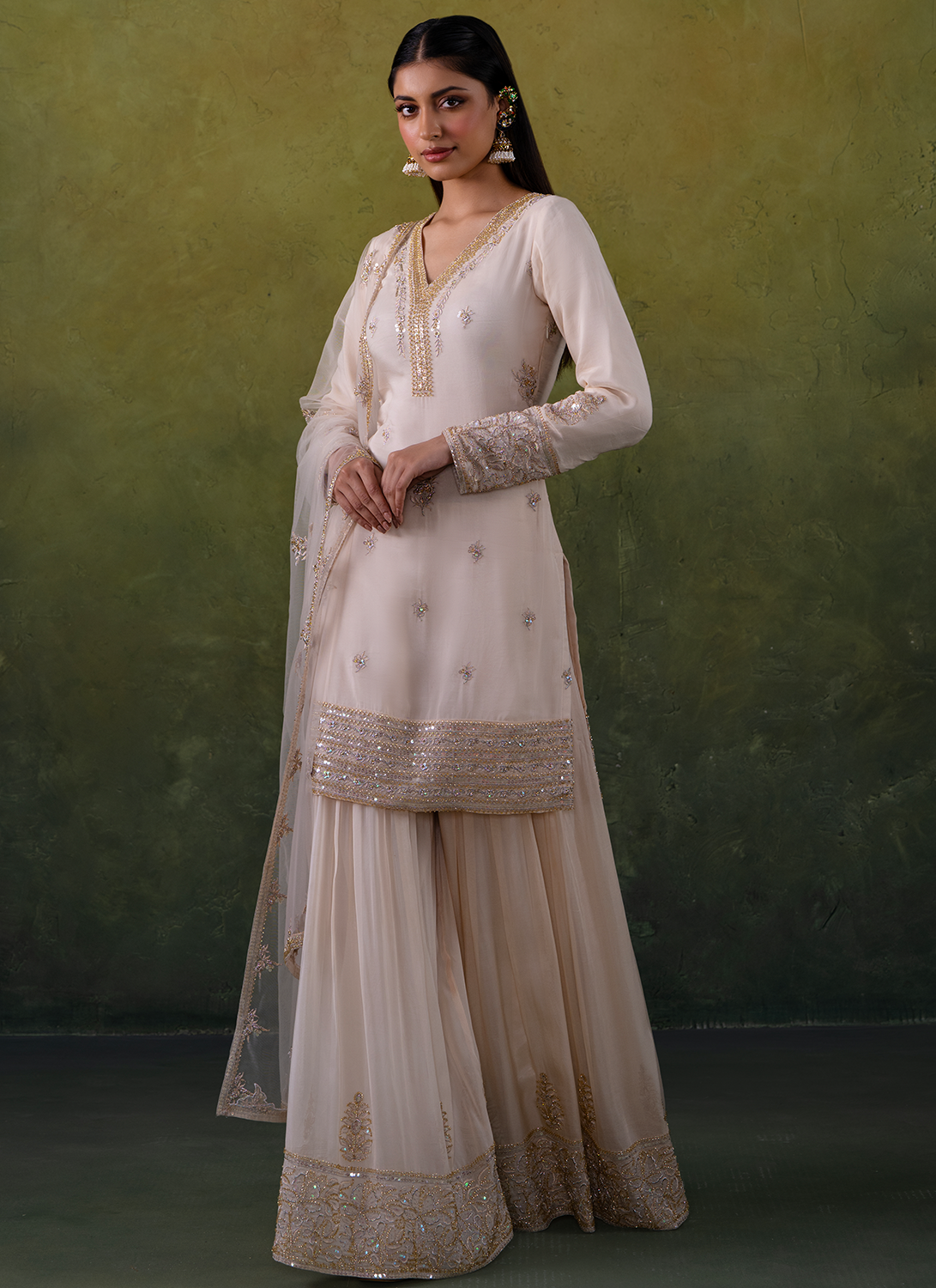 Ivory Embroidered Pure Organza Sharara Suit