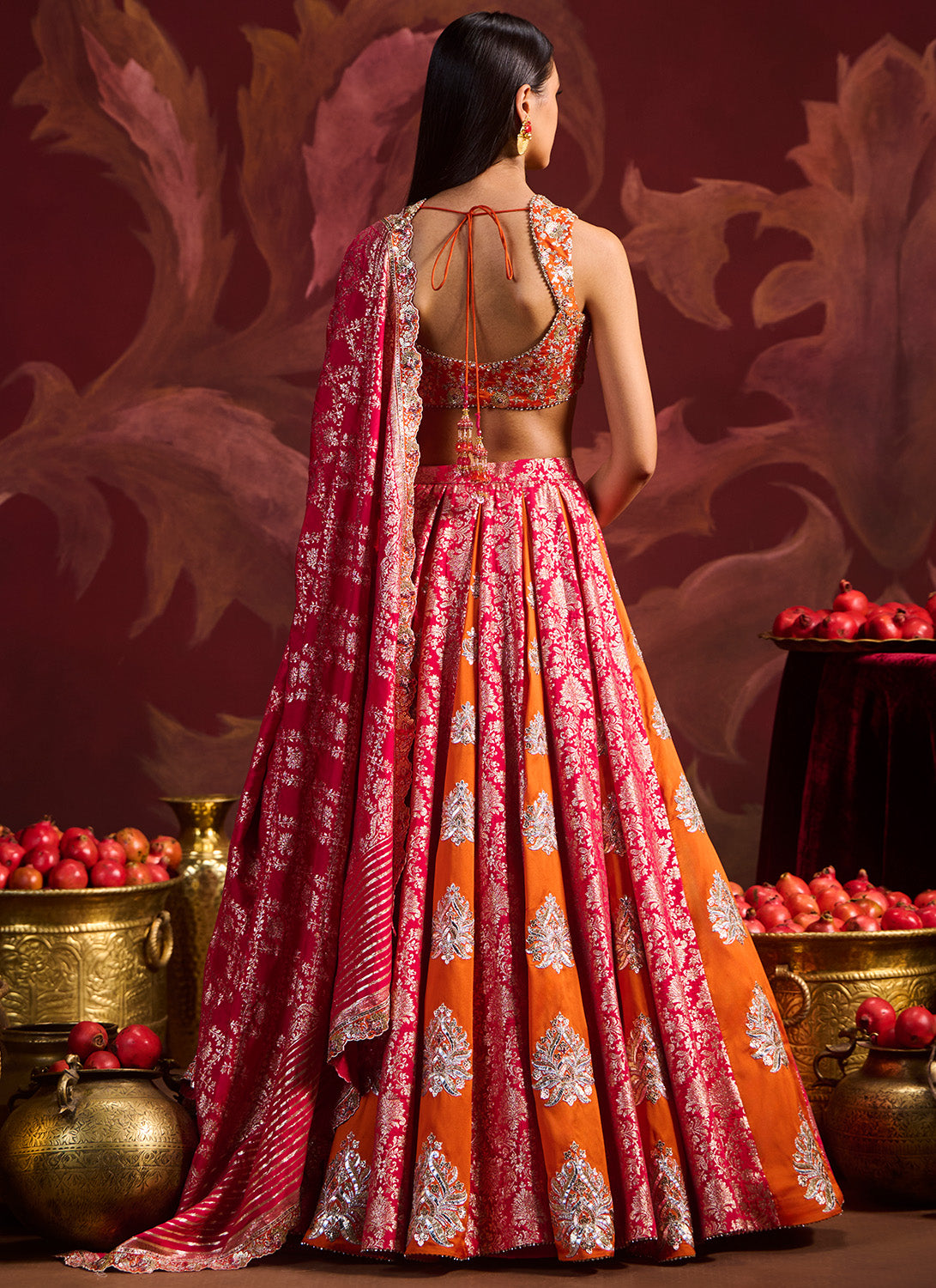 Orange and Pink Embroidered Brocade Lehenga