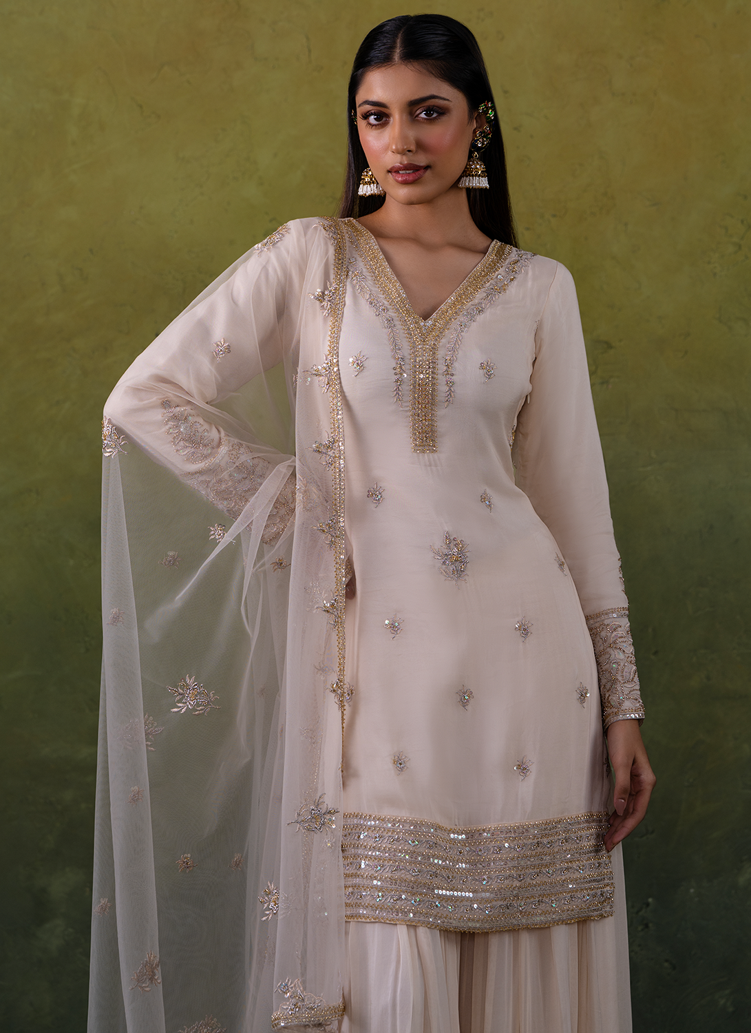 Ivory Embroidered Pure Organza Sharara Suit