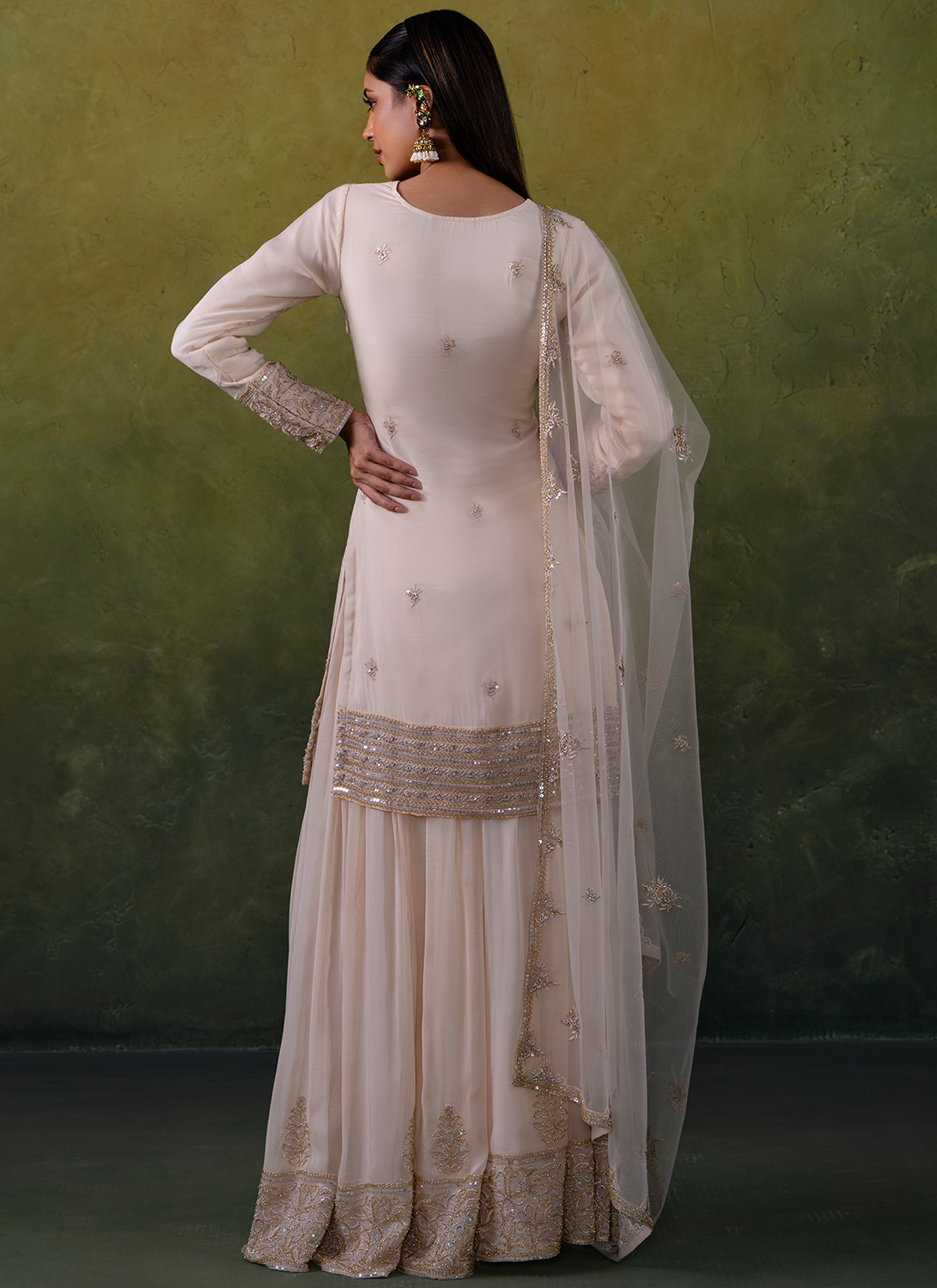 Ivory Embroidered Pure Organza Sharara Suit