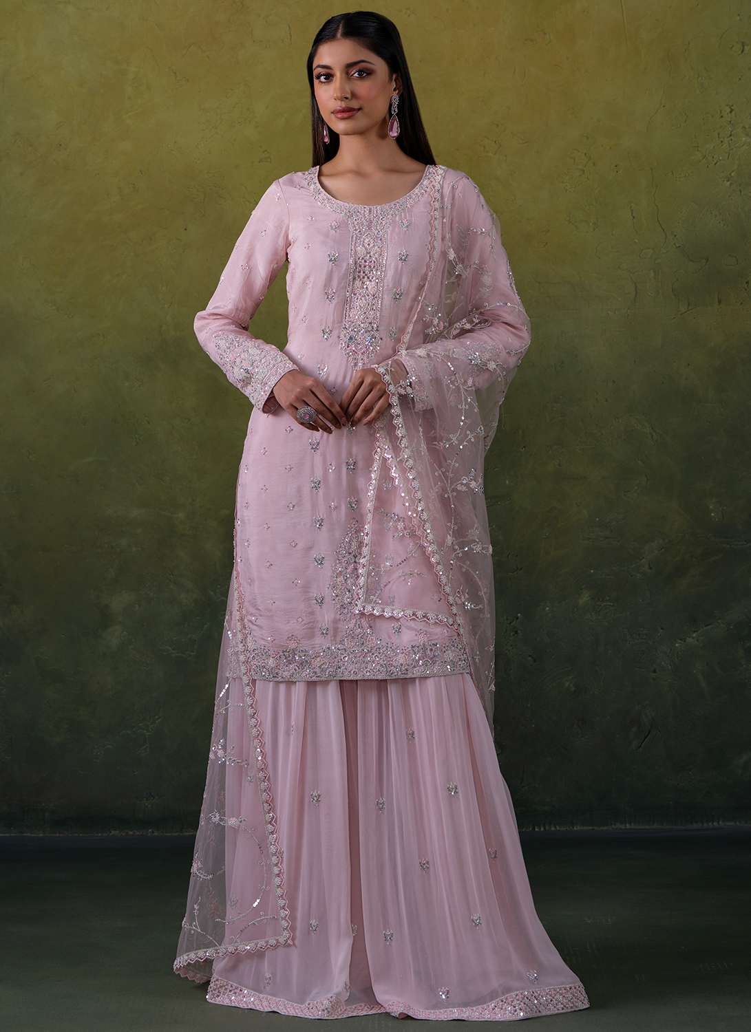 Light Pink Embroidered Organza Sharara Suit