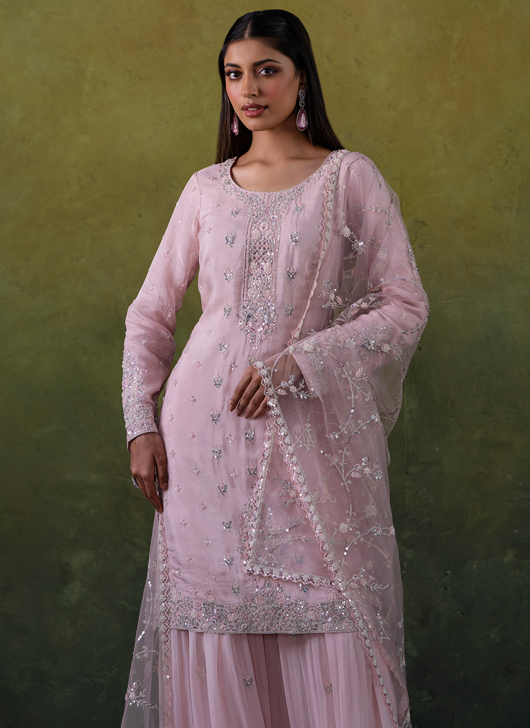 Light Pink Embroidered Organza Sharara Suit