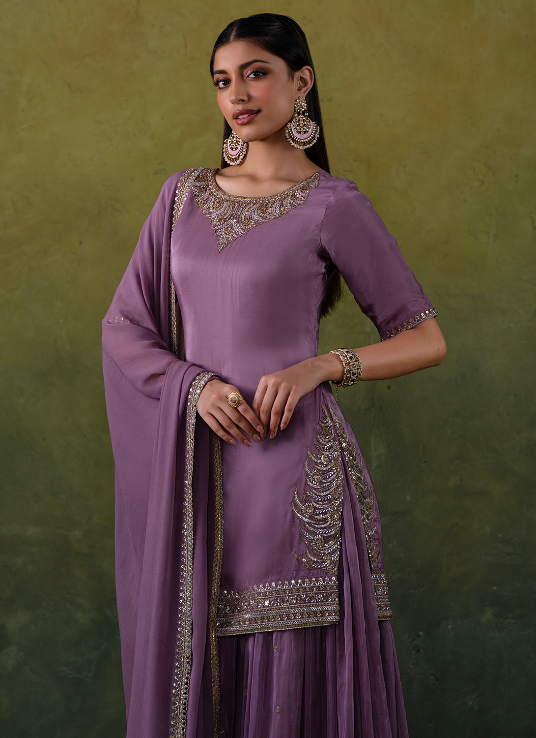 Lilac Purple Embroidered Silk Sharara Suit