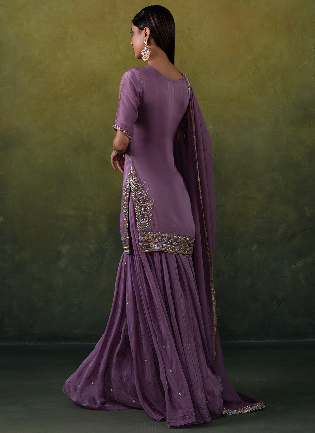 Lilac Purple Embroidered Silk Sharara Suit