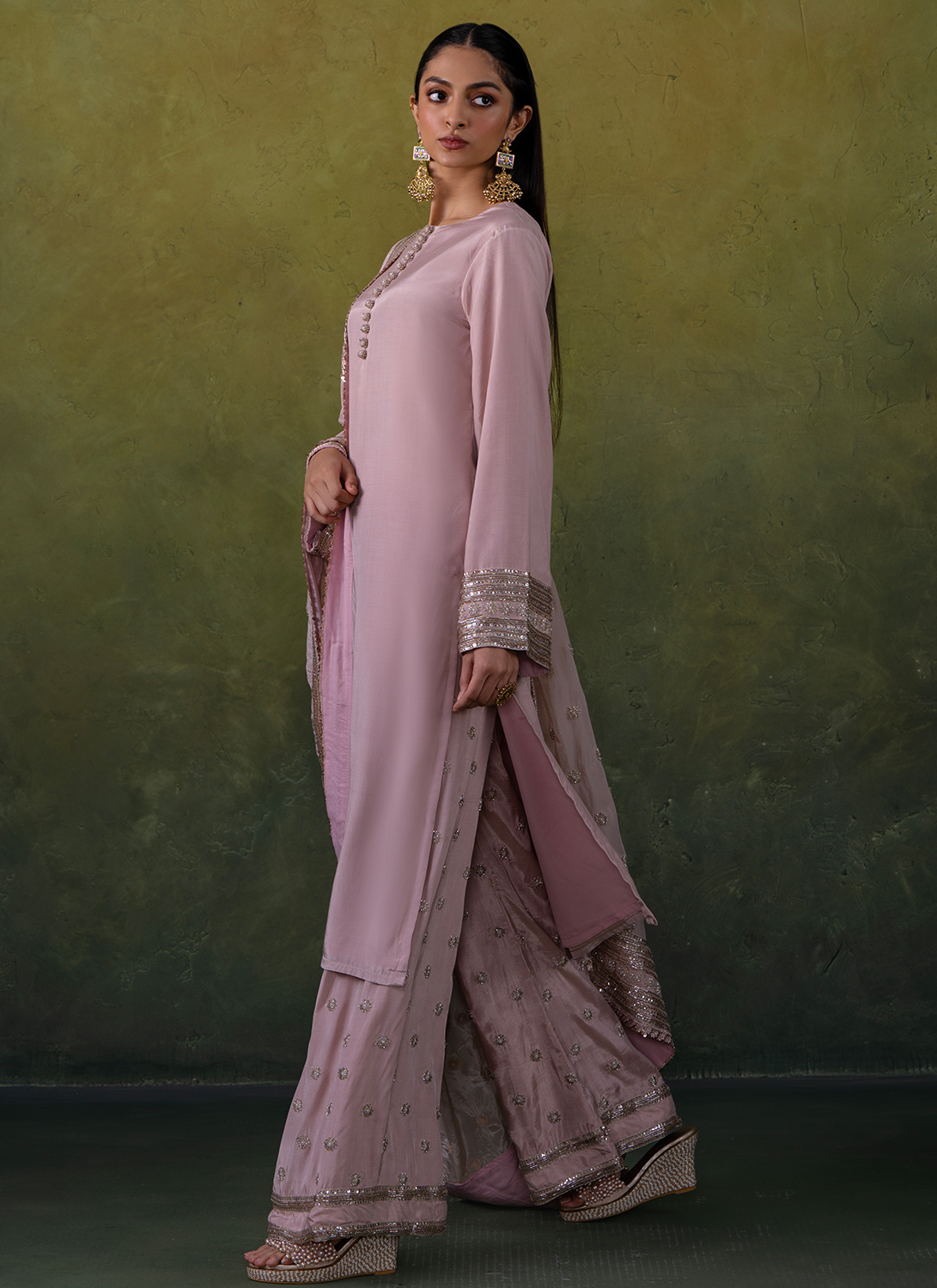 Light Pink Embroidered Viscose Silk Palazzo Suit