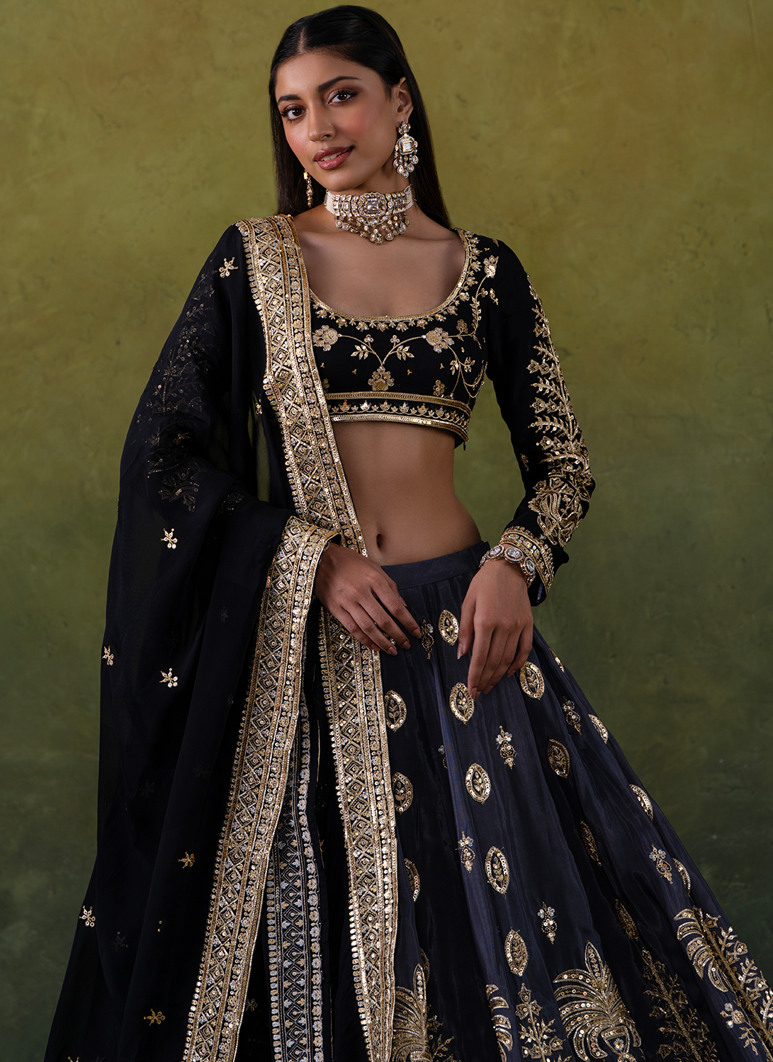 Black and Grey Embroidered Silk Lehenga