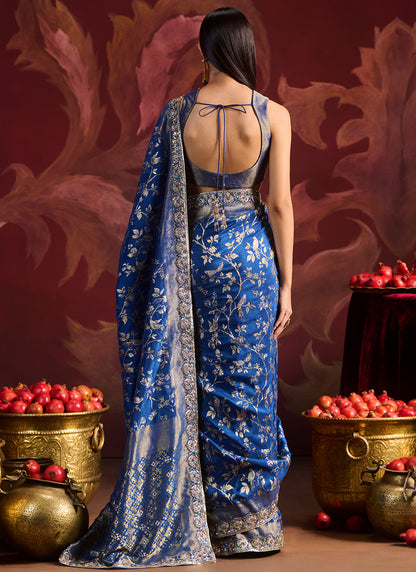 Peacock Blue Embroidered Brocade Saree