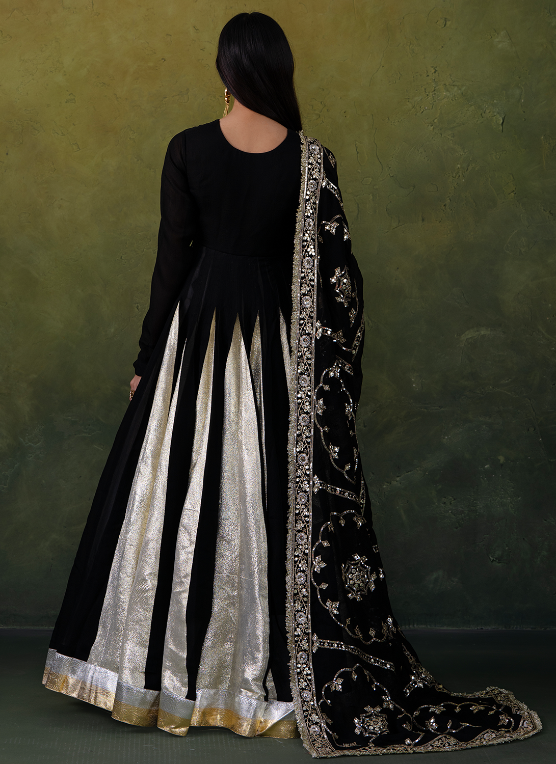 Black and Gold Embroidered Satin Anarkali