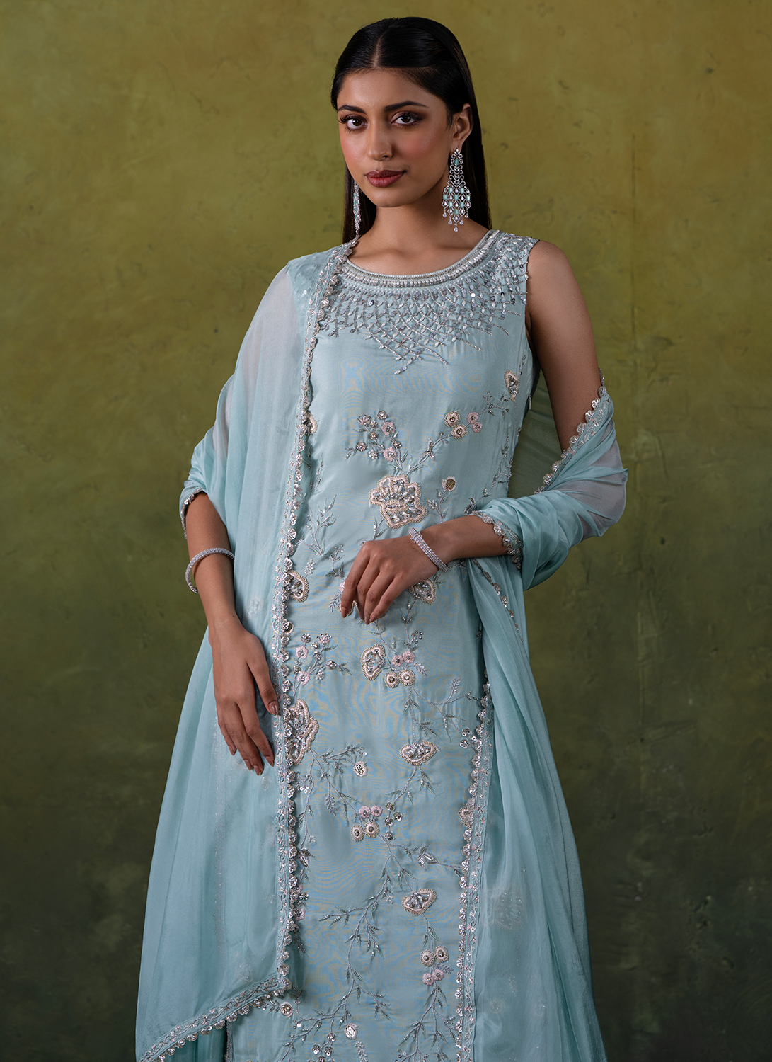 Light Blue Embroidered Silk Sharara Suit