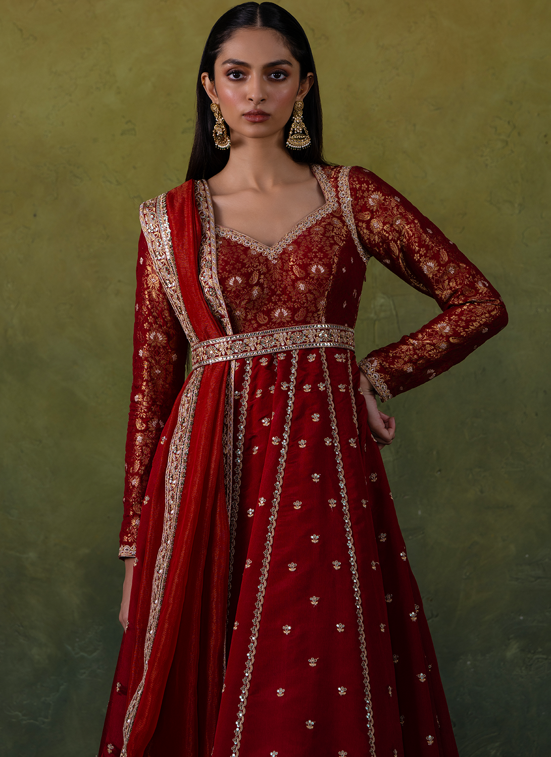 Maroon Embroidered Brocade Anarkali