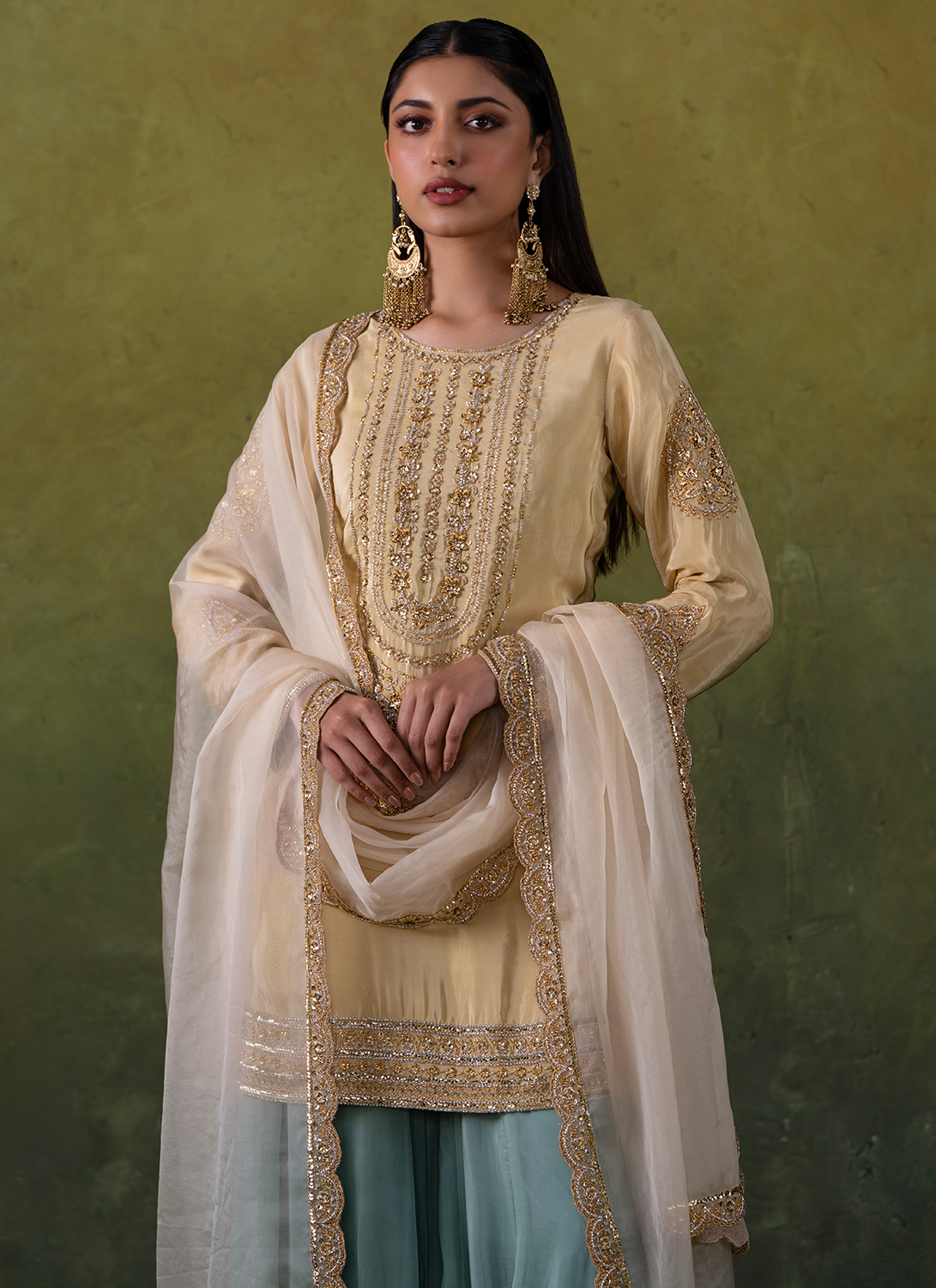Beige and Sea Green Embroidered Crepe Sharara