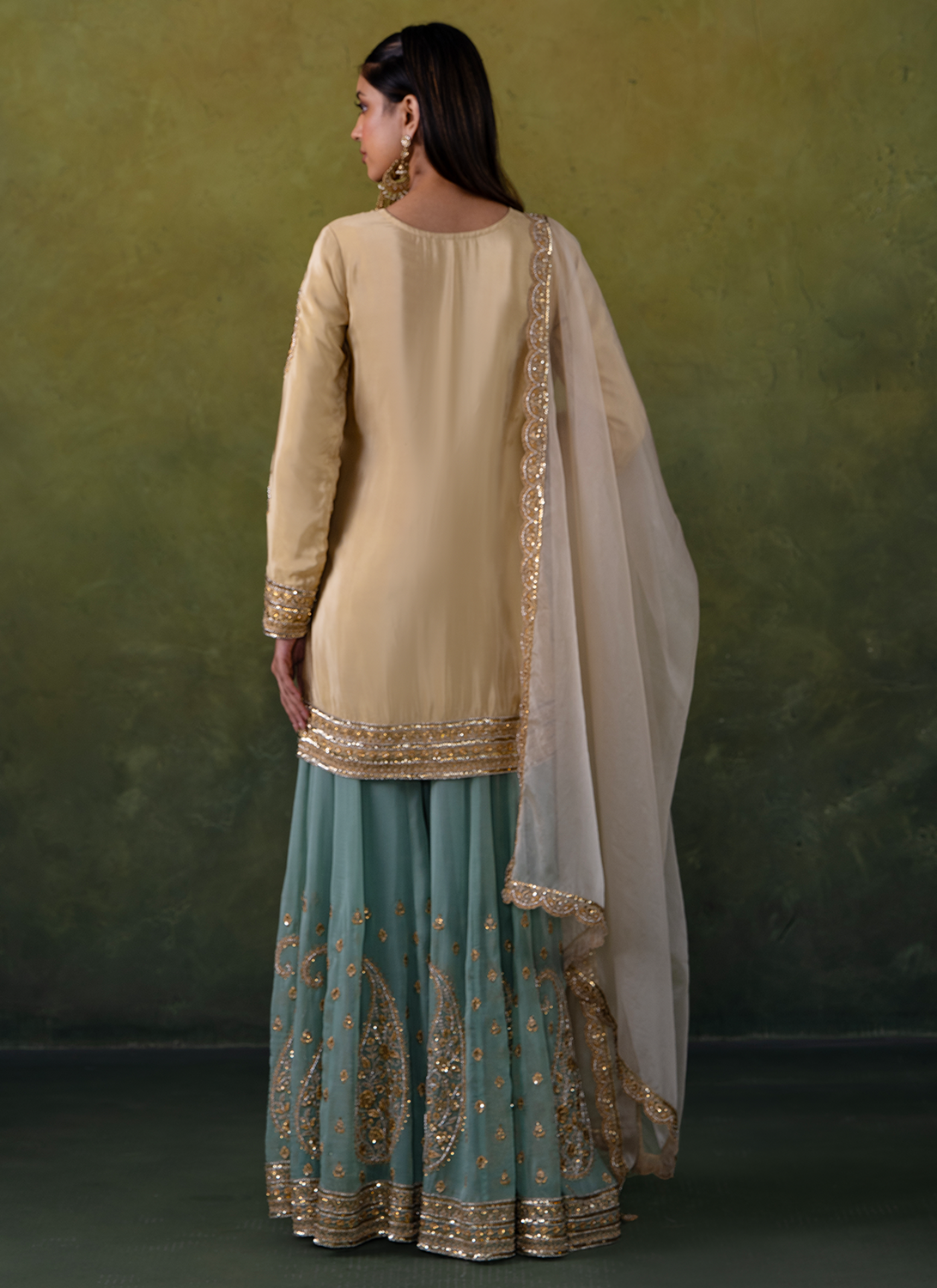 Beige and Sea Green Embroidered Crepe Sharara