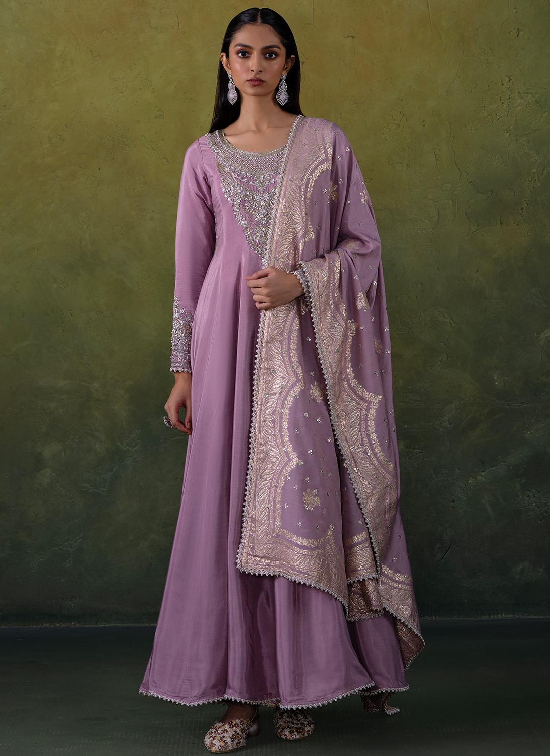 Dusty Lilac Embroidered Viscose Silk Anarkali