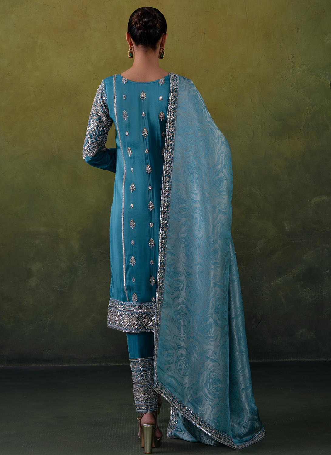 Teal Blue Embroidered Organza Straight Suit