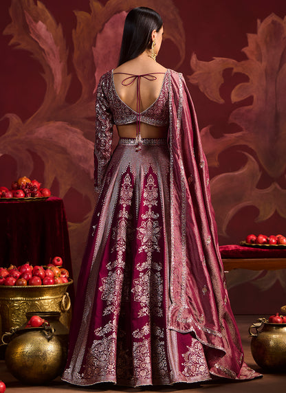 Wine Embroidered Brocade Lehenga