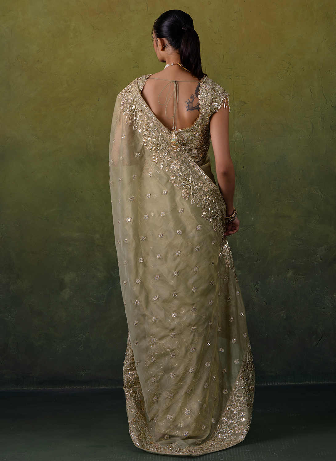 Green Embroidered Tissue Saree