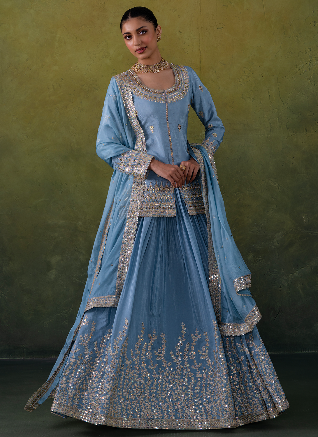 Light Blue Embroidered Crepe Kurti Style Lehenga