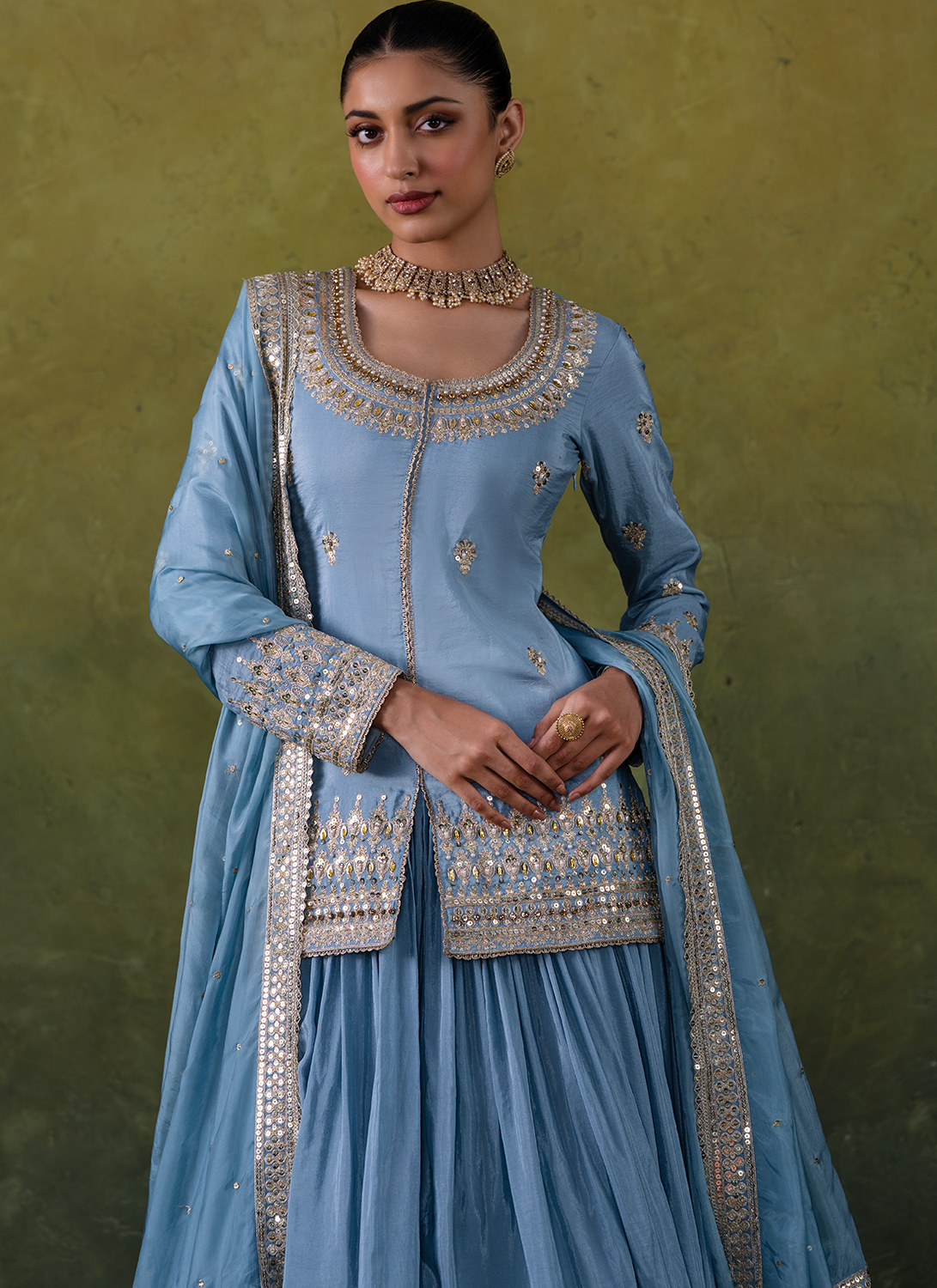 Light Blue Embroidered Crepe Kurti Style Lehenga