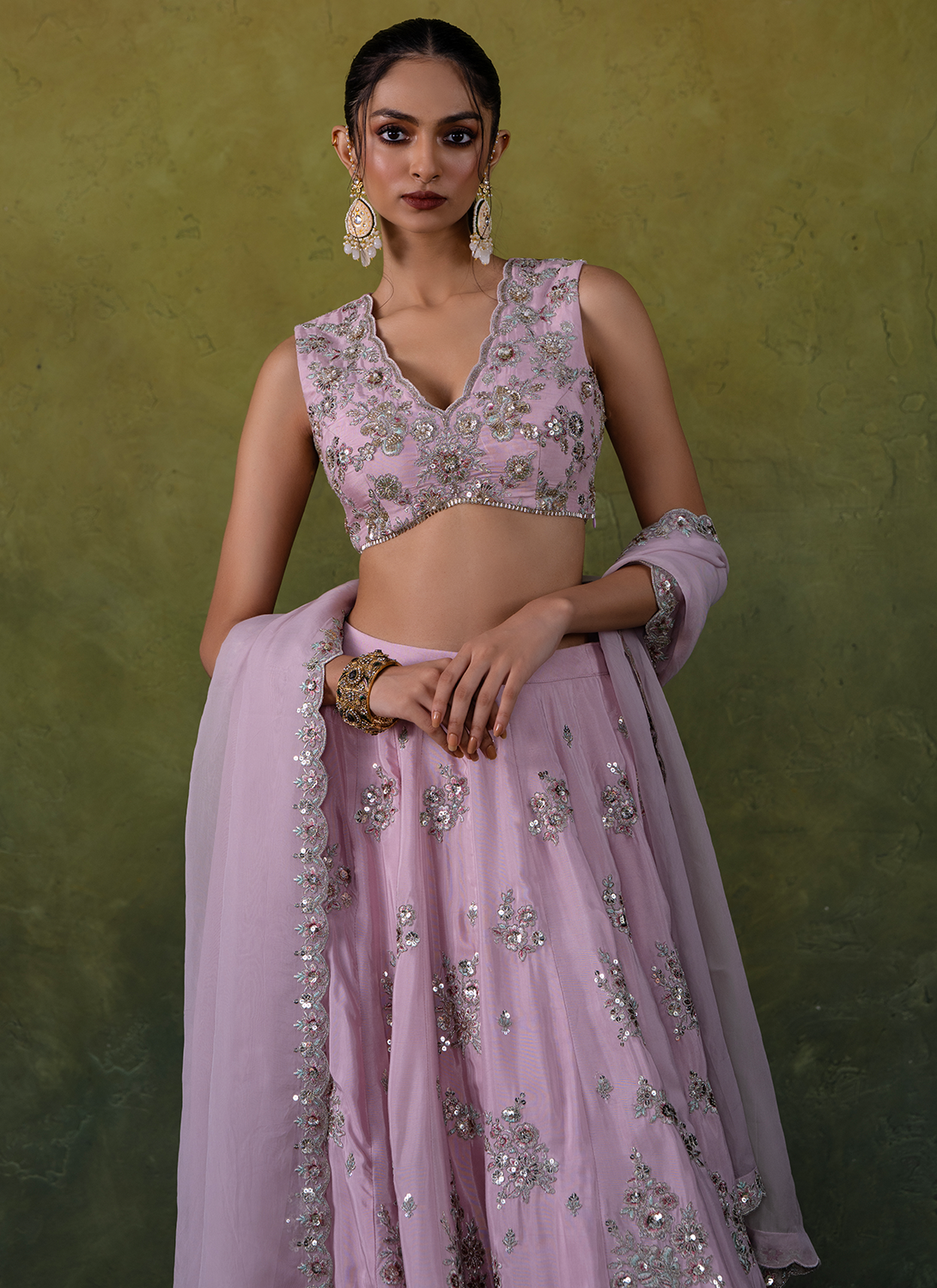 Light Pink Embroidered Viscose Silk Lehenga