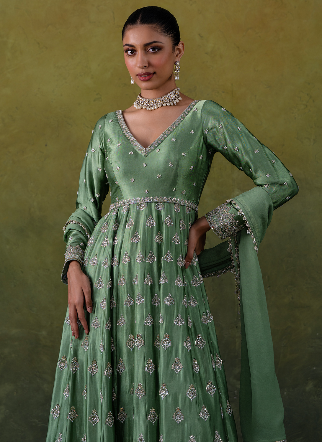 Green Embroidered Silk Anarkali