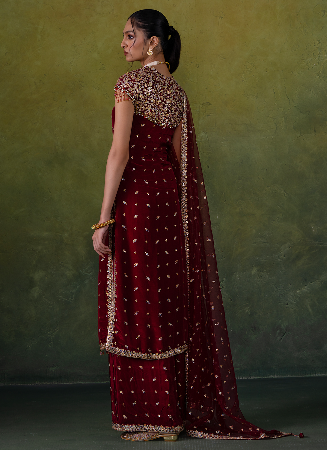 Maroon Embroidered Crepe Pant Suit