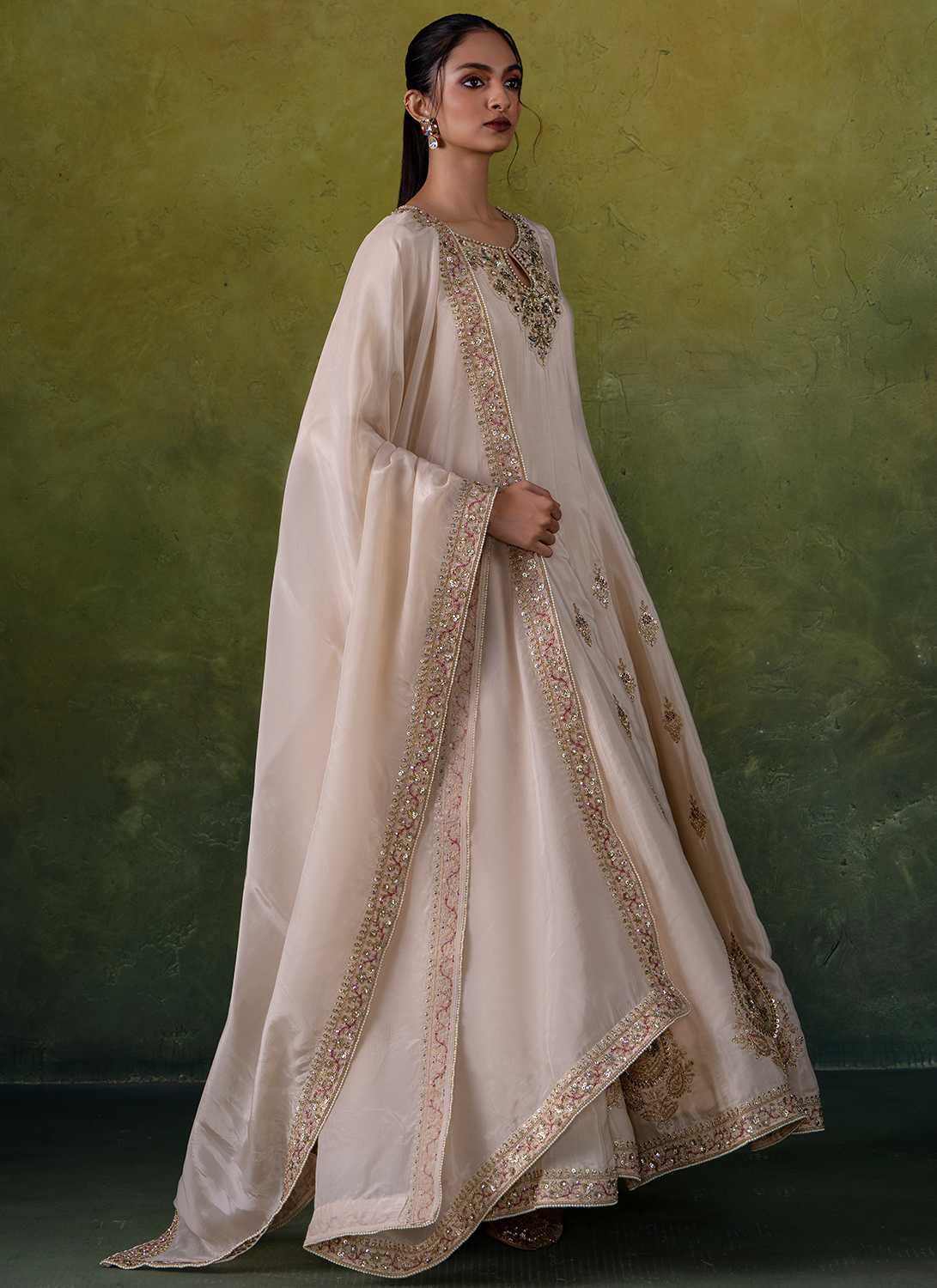 Off White Embroidered Viscose Silk Anarkali