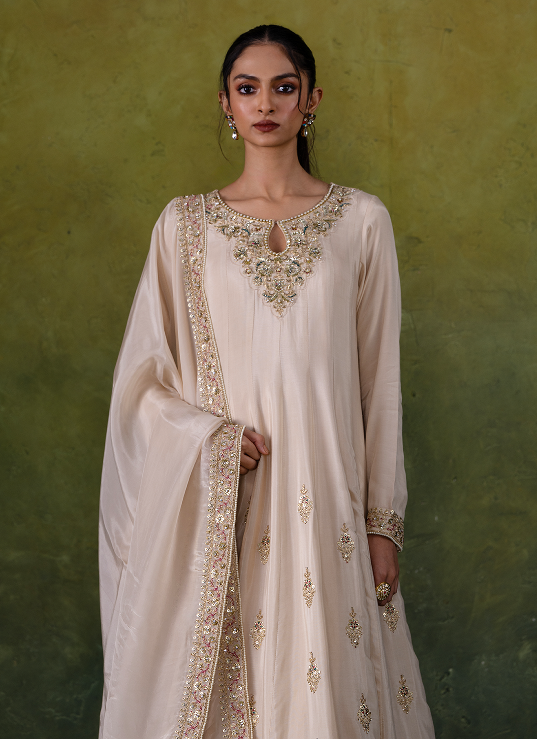 Off White Embroidered Viscose Silk Anarkali