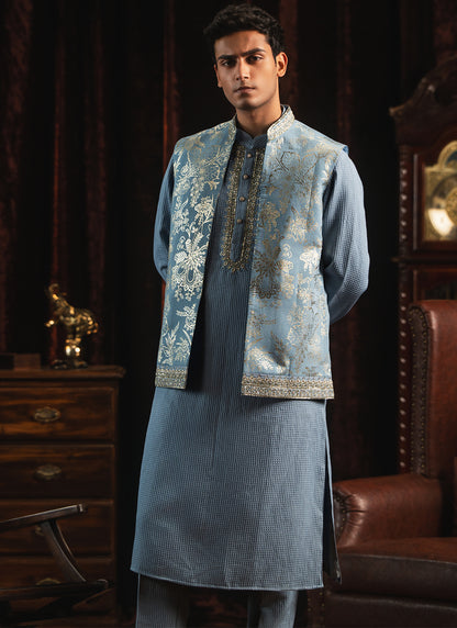 Light Blue Foil Printed Nehru Jacket Set