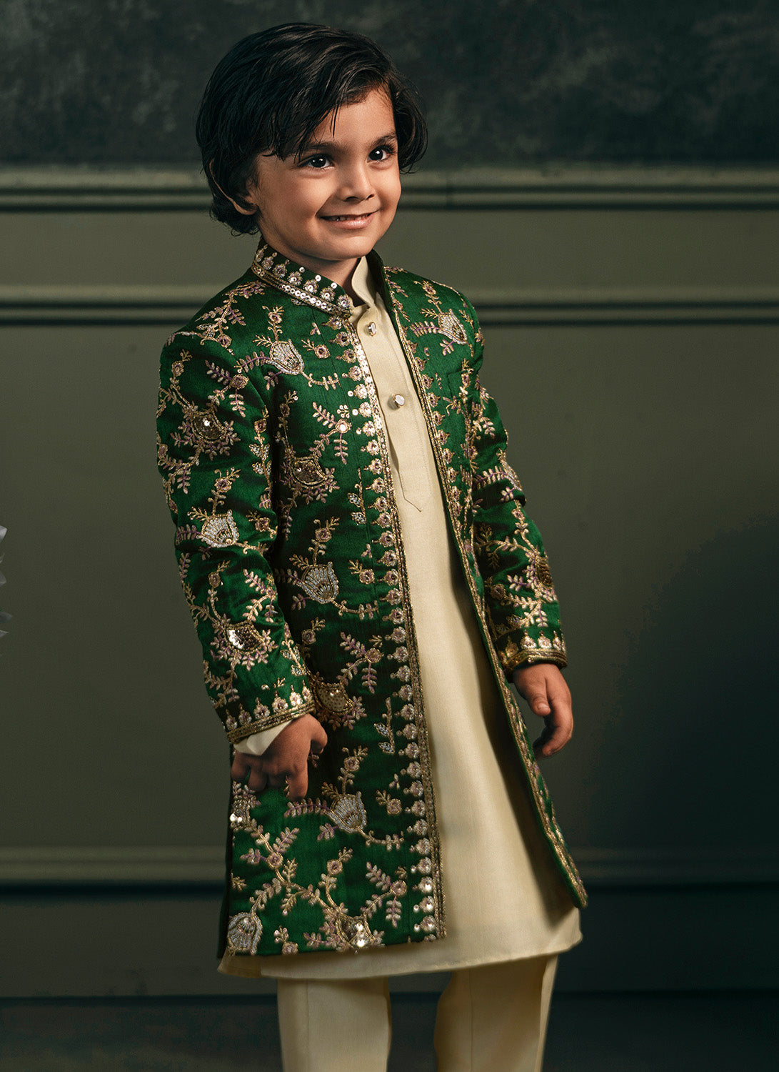 Kids Green Embroidered Silk Sherwani Set