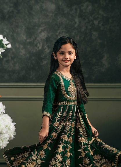 Kids Green Embroidered Silk Anarkali