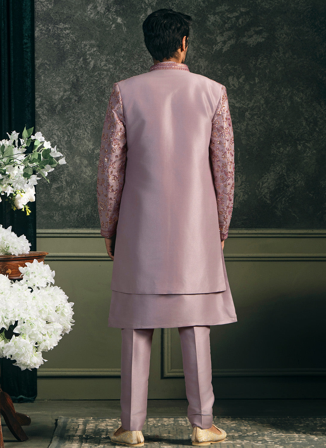 Light Purple Embroidered Silk Sherwani Set