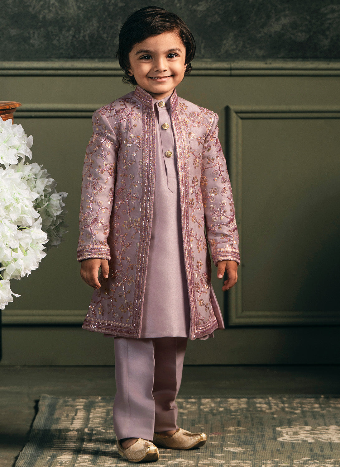 Kids Light Purple Embroidered Silk Sherwani Set