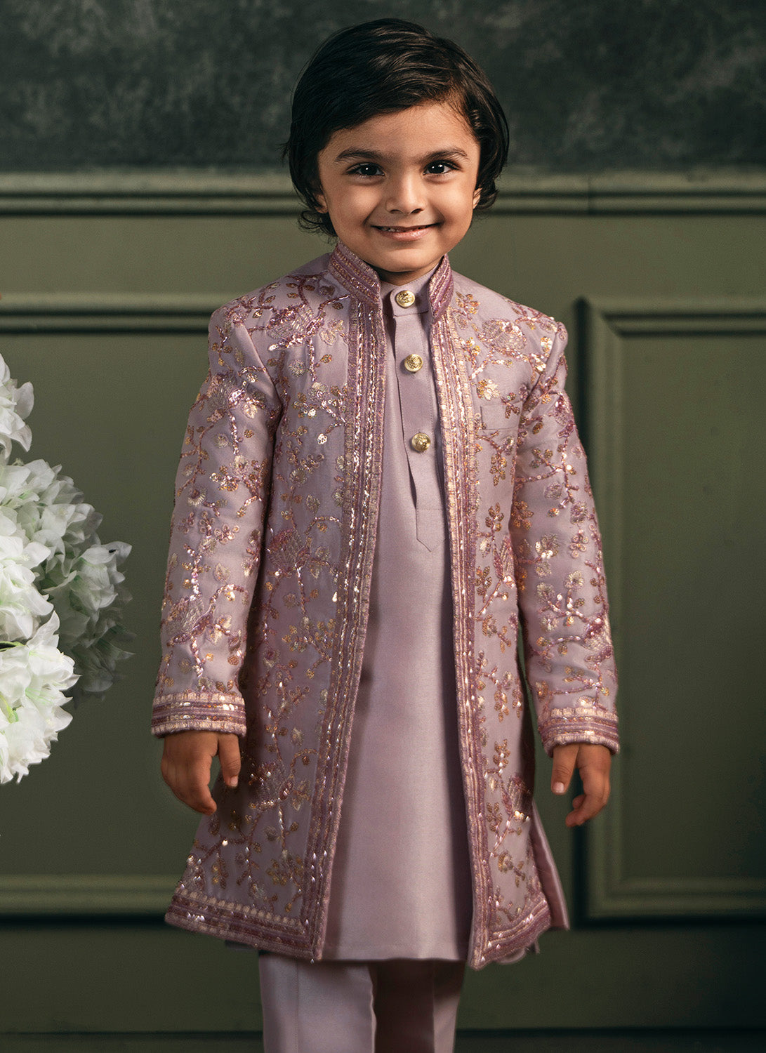 Kids Light Purple Embroidered Silk Sherwani Set