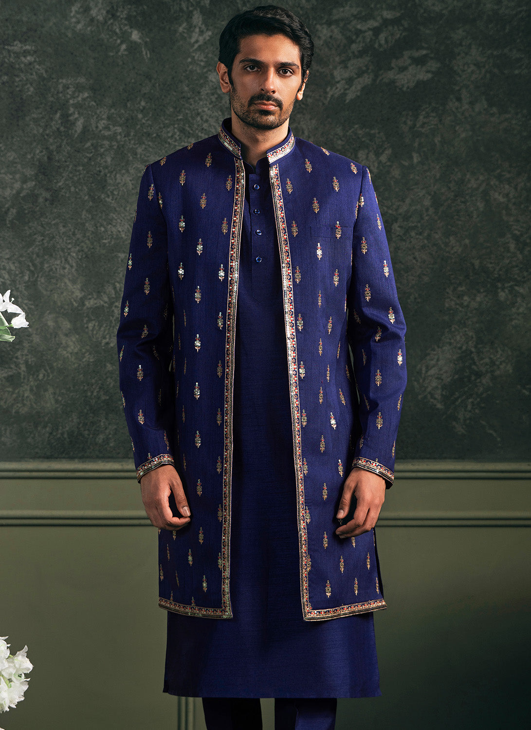 Blue Embroidered Silk Sherwani Set
