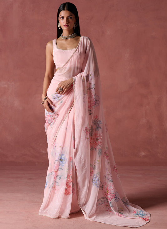 Peach Floral Printed Chiffon Saree