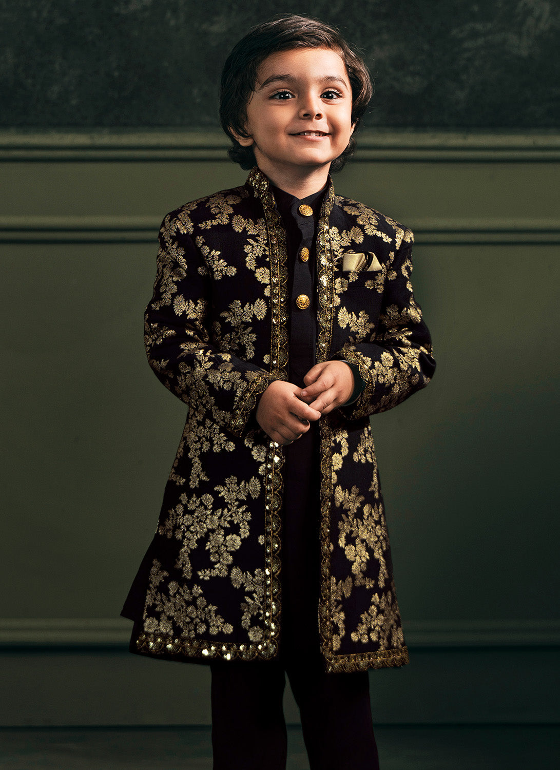 Kids Black Embroidered Brocade Sherwani Set
